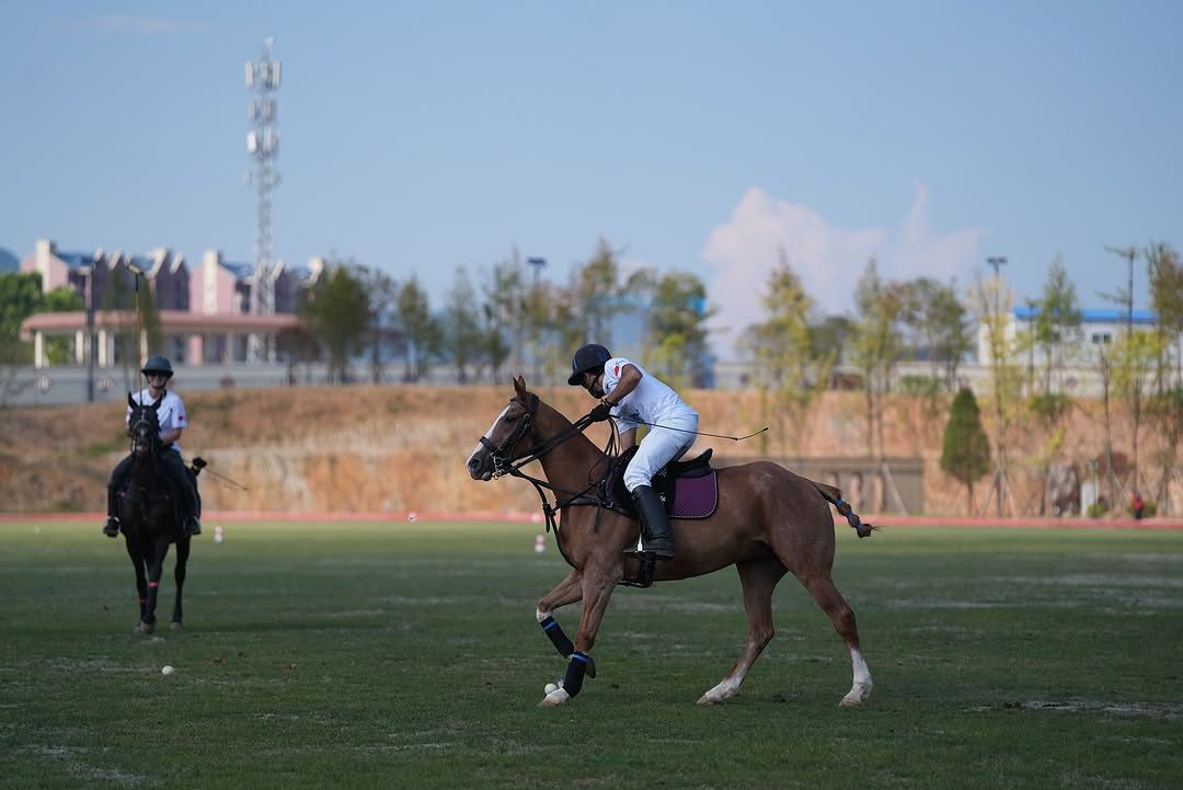 Players contesting the ball during a polo match